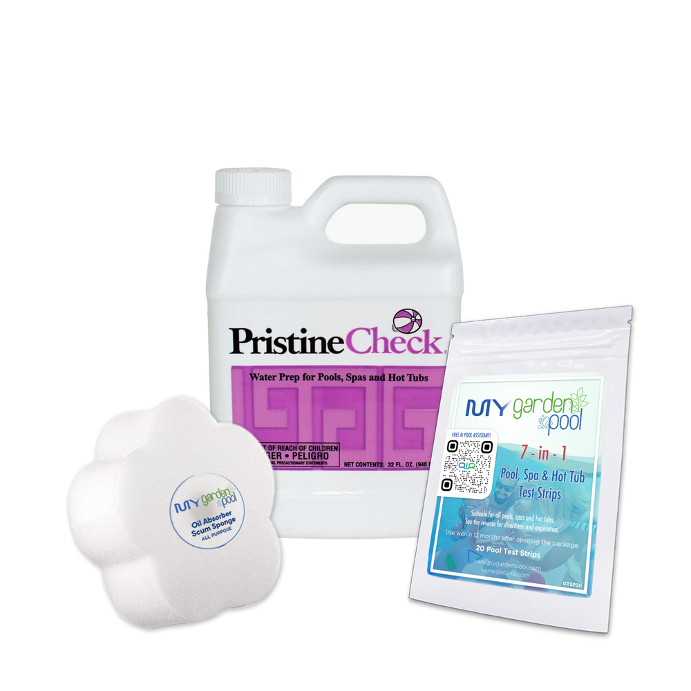 PristineCheck – 64 FL OZ – Pool Start-Up Metal Control with 7-in-1 Test Strips & Scum Sponge