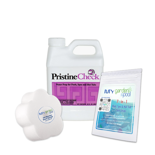 PristineCheck – 64 FL OZ – Pool Start-Up Metal Control with 7-in-1 Test Strips & Scum Sponge