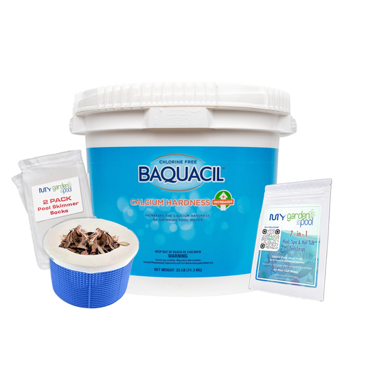BAQUACIL Calcium Hardness Increaser – 25 lb Pail – 93% Pure Calcium Chloride – Raises Hardness & Protects Pool Surfaces – Bonus Test Strips & Scum Socks