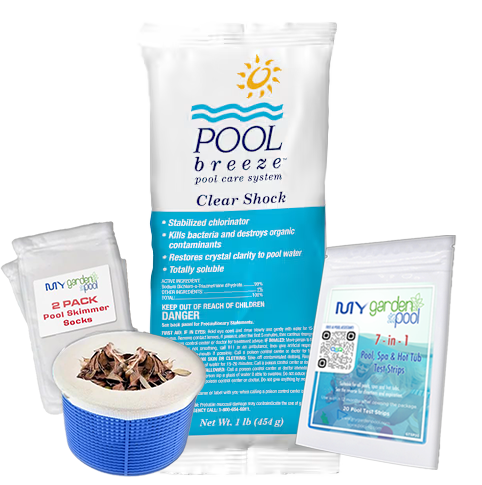 Pool Breeze Dichlor Chlorine Granular Shock – 1 lb Bag – Stabilized Chlorine – Includes Scum Socks & Test Strips