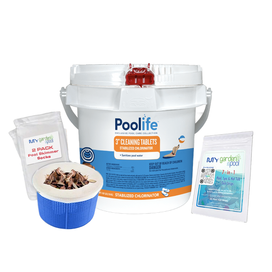 Poolife 3" Cleaning Tablets 7 oz – Concentrated Trichlor Tabs – Long-Lasting Chlorination – Includes 2 Scum Socks and 7-in-1 Test Strips