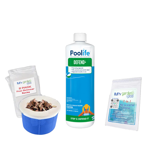 Poolife Defend+ 32 fl oz – 3-in-1 Pool Algae Protection – Clarifier + Preventative Shield – Includes 2 Scum Socks and 7-in-1 Test Strips