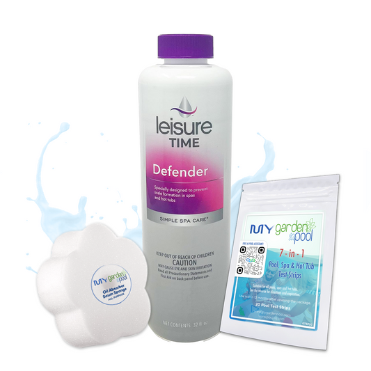 Leisure Time Defender 32 fl oz – Prevents Spa Scale Buildup – Enhances Water Clarity – Includes Scum Sponge and 7-in-1 Test Strips