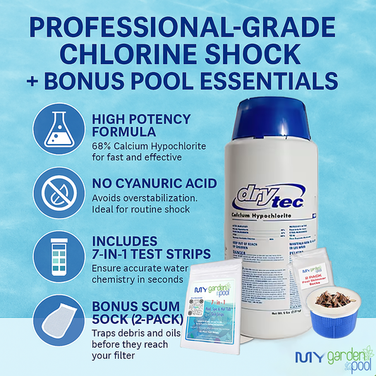 DryTec 5 lb Calcium Hypochlorite Pool Shock – Fast-Dissolving Chlorine Granules for Swimming Pools – Includes 2 Scum Socks & 7-in-1 Test Strips – My Garden Pool