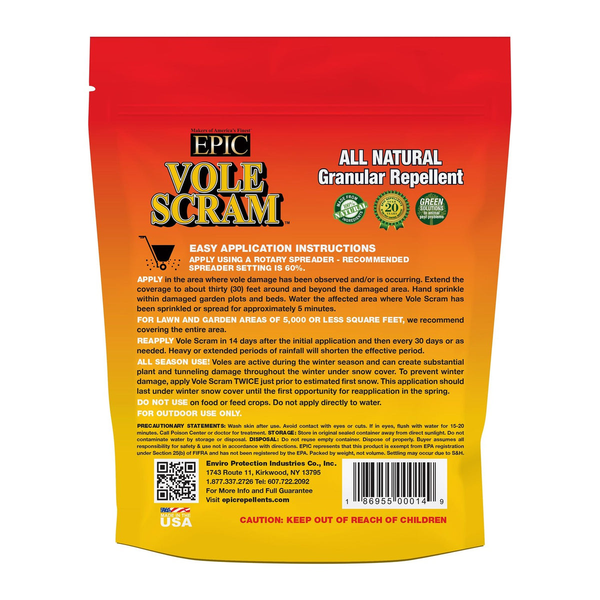 Epic Repellents Vole Repellent Granules label and directions