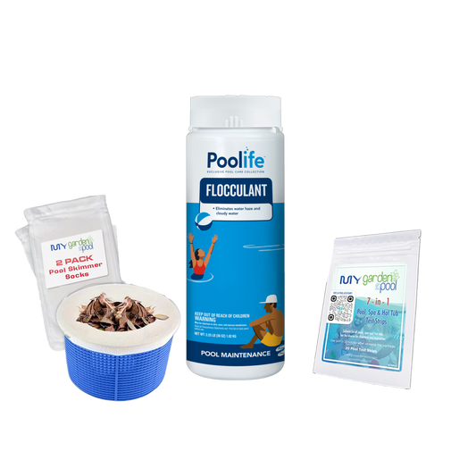 Poolife Flocculant 2.3 lb – Clears Cloudy Pool Water – Fast-Acting Coagulation Formula – Includes 2 Scum Socks and 7-in-1 Test Strips