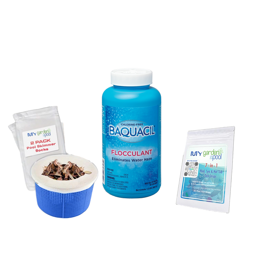 BAQUACIL Flocculant 1.5 lb – Rapid Pool Clarifier for Cloudy Water – Binds Debris for Easy Vacuum Removal – Bonus Test Strips & Scum Socks
