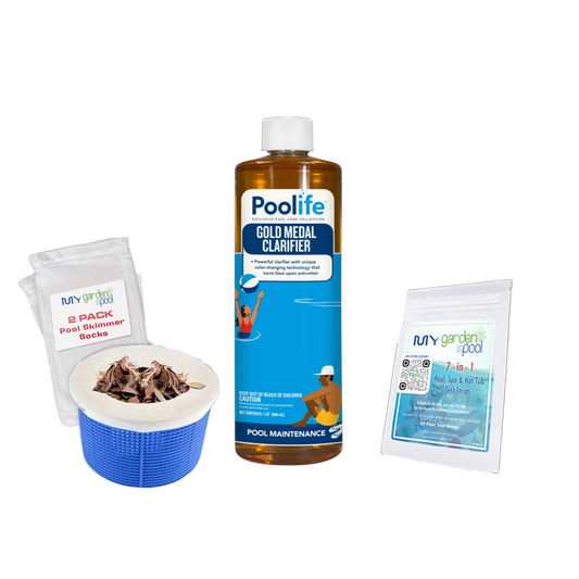 Poolife Gold Medal Clarifier 32 fl oz – Professional-Strength Water Polisher – Clears Cloudy Pools Fast – Includes 2 Scum Socks and 7-in-1 Test Strips
