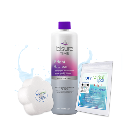 Leisure Time Bright & Clear 32 fl oz – Clarifies Spa Water Fast – Enhances Filter Performance – Includes Scum Sponge and 7-in-1 Test Strips