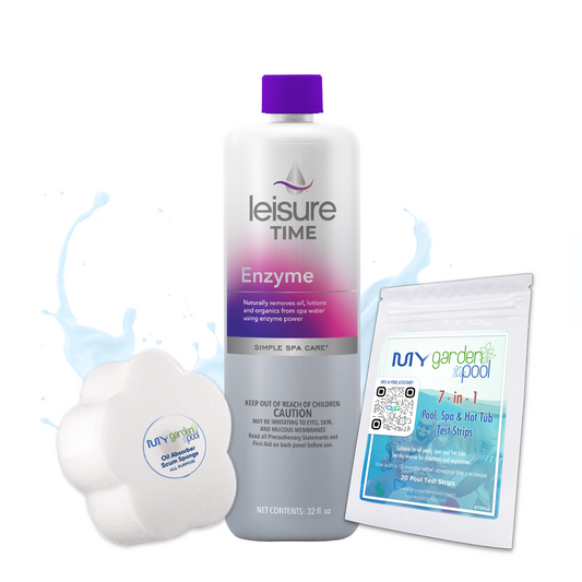 Leisure Time Enzyme 32 fl oz – Natural Spa Water Cleaner – Breaks Down Oils and Lotions – Includes Scum Sponge and 7-in-1 Test Strips