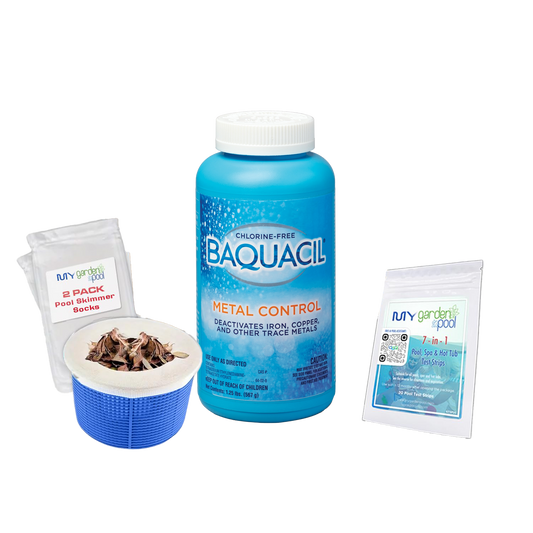 BAQUACIL Metal Control 1.3 lb – Prevents Stains from Iron, Copper & Other Metals – Protects Pool Surfaces – Includes Scum Socks & Test Strips