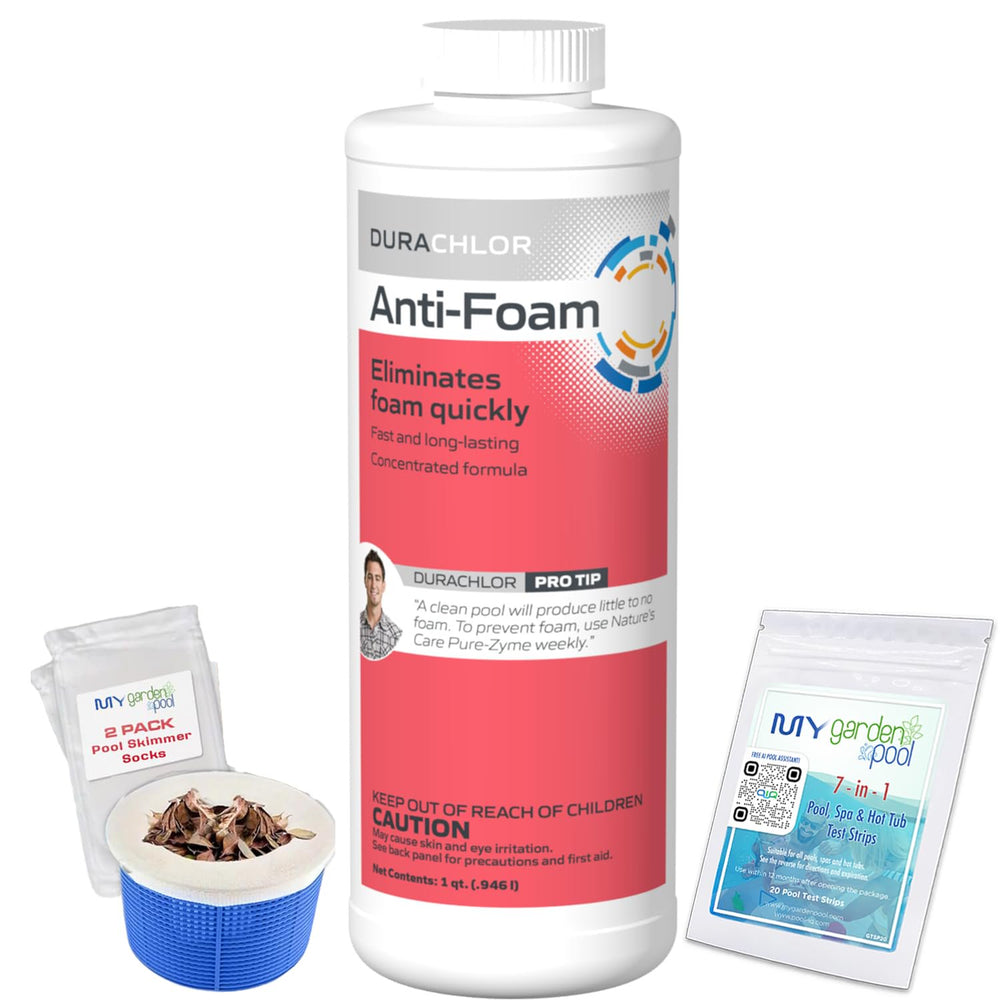 Haviland Durachlor Fast Acting Anti-Foam Eliminator Concentrate 1 Quart with My Garden Pool Scum Socks, Test Strip & Pool-IQ AI Assistant