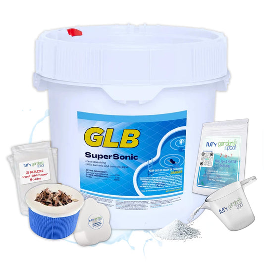 GLB Supersonic 73% Cal Hypo Shock 25 lb Pool Shock – 73% Chlorine Granules with My Garden Pool Measurement Cup, Scum Sponge, Scum Socks (3 ct.) & 7-in-1 Test Strips (20 ct.)