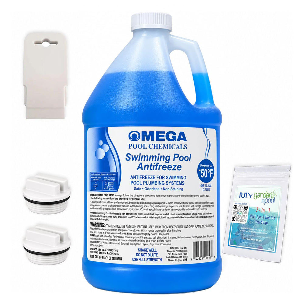 Omega Swimming Pool Antifreeze 1 Gallon, Protects to -50°F, Pool Plumbing Winterizer – Includes My Garden Pool 2 Filter Drain Plugs, Seat Removal Tool, 7-in-1 Test Strips & Pool-IQ Access