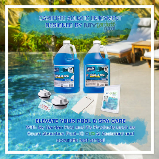Splash Pool & Spa Antifreeze with My Garden Pool 7 in 1 Test Strips & 1.5" Threaded Pool Spa Return Line Winterizing Plug & Pool Filter Drain Plug & Seat Removal Tool - Winterizing! - 4 Pack