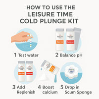Leisure Time Cold Plunge Kit – Spa Up, Spa Down, Replenish, Calcium Booster (All 2 lb) – with My Garden Pool Scum Sponge & 7-in-1 Pool & Spa Test Strips (20 ct) – Water Balance for Cold Plunge Tubs