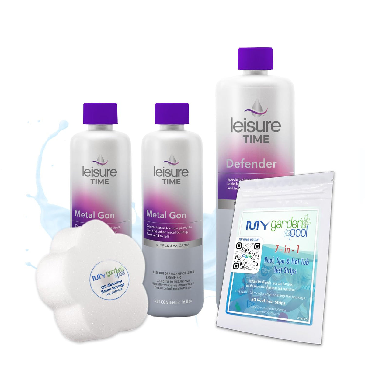 Leisure Time Metal Gon 32 Fl Oz & Defender 32 Fl Oz with My Garden Pool 20 Ct. Test Strips & Scum Sponge Flower Oil-Absorbing Sponge for Hot Tubs and Pools