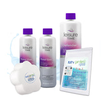 Leisure Time Metal Gon 32 Fl Oz & Defender 32 Fl Oz with My Garden Pool 20 Ct. Test Strips & Scum Sponge Flower Oil-Absorbing Sponge for Hot Tubs and Pools