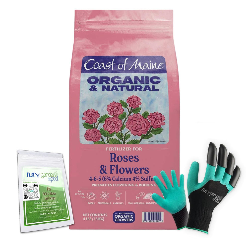 Coast of Maine RF6001 Rose & Flower Plant Food 4 LB – Organic Bloom Enhancing Fertilizer for Colorful Blooms with My Garden Pool Soil Test Strips & Claw Gardening Gloves