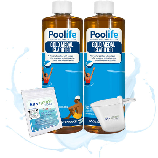 Poolife Gold Medal Clarifier – Super Concentrated Swimming Pool Water Clarifier with Color-Changing Formula – Includes 2 Scum Socks and 7-in-1 Test Strips 2 Pack