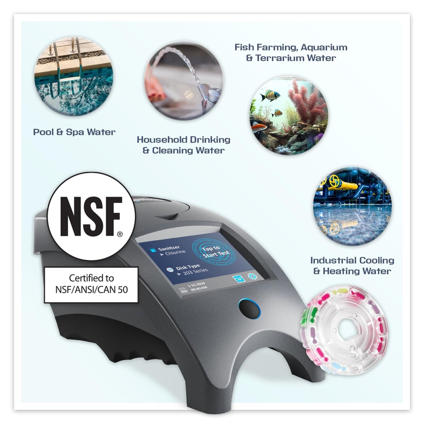 Lamotte WaterLink Spin Touch Kit; 3581 Mobile Spin Touch Lab, 4329 Chlorine/Bromine Plus Phosphate Disk, 50 ct; Carry Case and My Garden Pool Aquarium, Terrarium, Pool & Spa Test Strips, 100 ct.