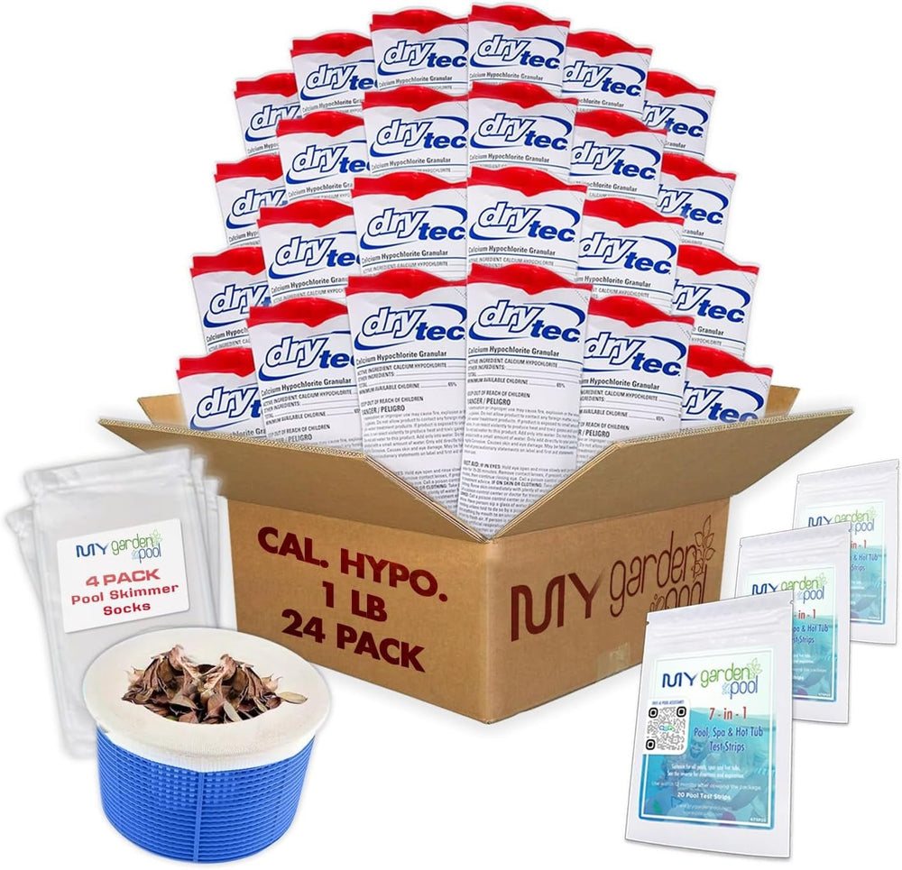 Drytec Calcium Hypochlorite Pool Shock 1 lb. 68% Bag, 24 Pack, Complete Pool Care Kit with My Garden Pool Skimmer Sock and 7-in-1 Test Strips, 60 ct. Powerful Chlorine Shock for Clear Swimming Water