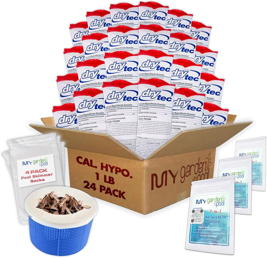 Drytec Calcium Hypochlorite Pool Shock 1 lb. 68% Bag, 24 Pack, Complete Pool Care Kit with My Garden Pool Skimmer Sock and 7-in-1 Test Strips, 60 ct. Powerful Chlorine Shock for Clear Swimming Water