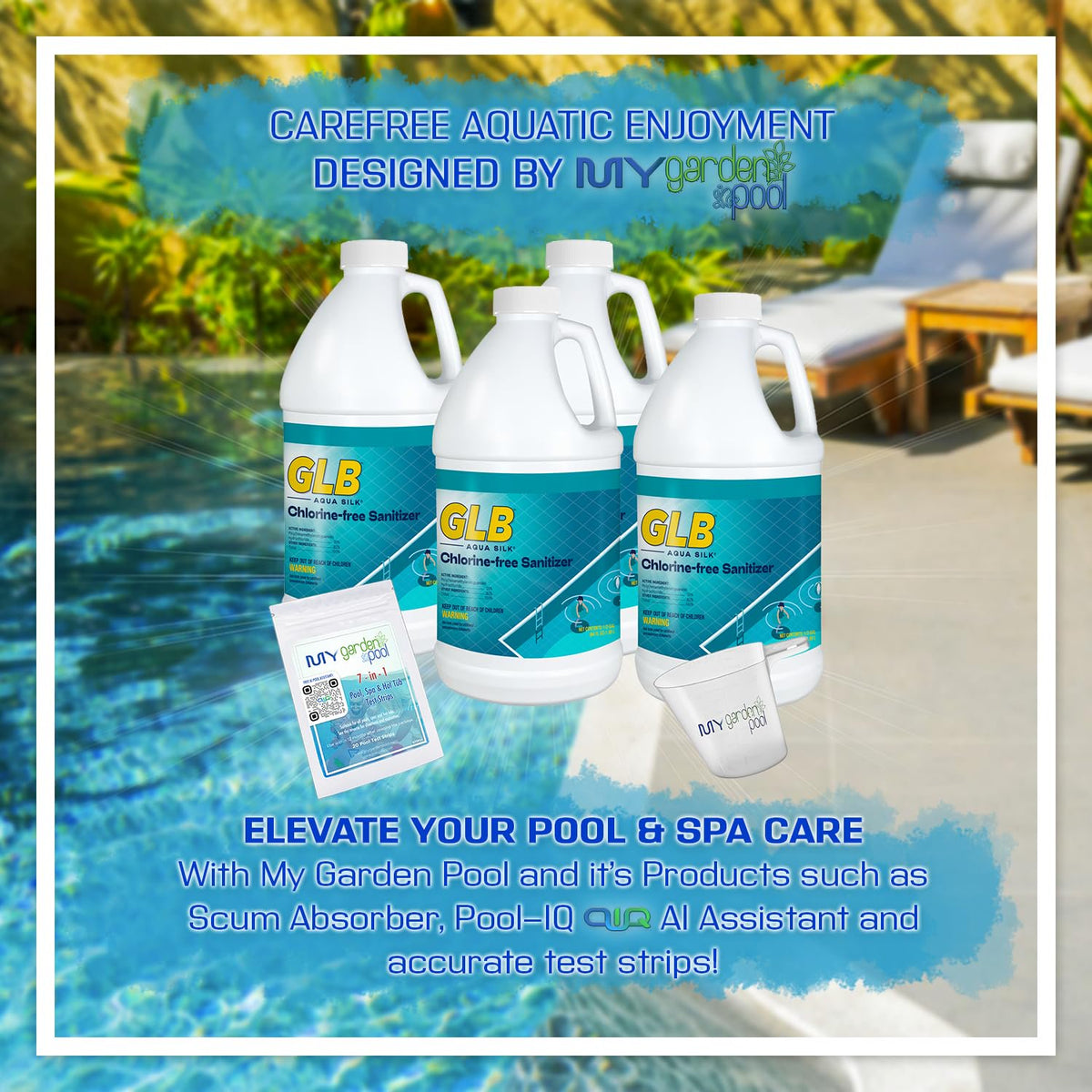 GLB Aqua Silk Sanitizer 64 Fl Oz 4 Pack (71269) with My Garden Pool 7-in-1 Test Strips 20 ct and Measuring Cup