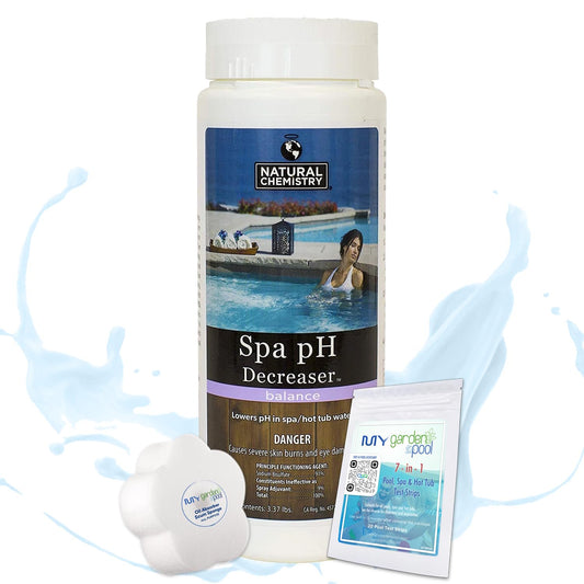 Natural Chemistry 14203NCM Hot Tub and Spa PH Decreaser with My Garden Pool 20 Ct. Test Strips & Scum Sponge Flower Oil-Absorbing Sponge for Hot Tubs and Pools