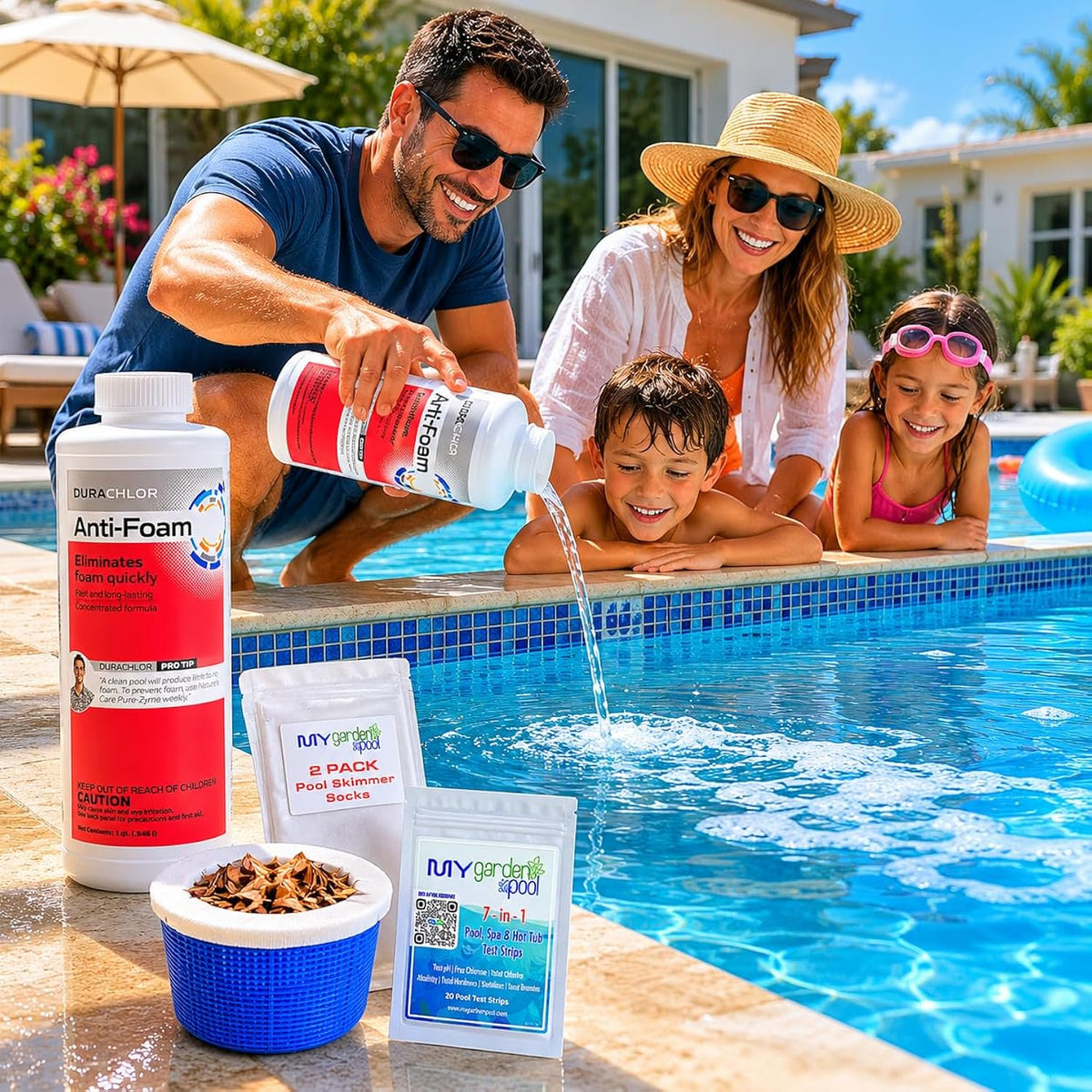 Haviland Durachlor Fast Acting Anti-Foam Eliminator Concentrate 1 Quart with My Garden Pool Scum Socks, Test Strip & Pool-IQ AI Assistant