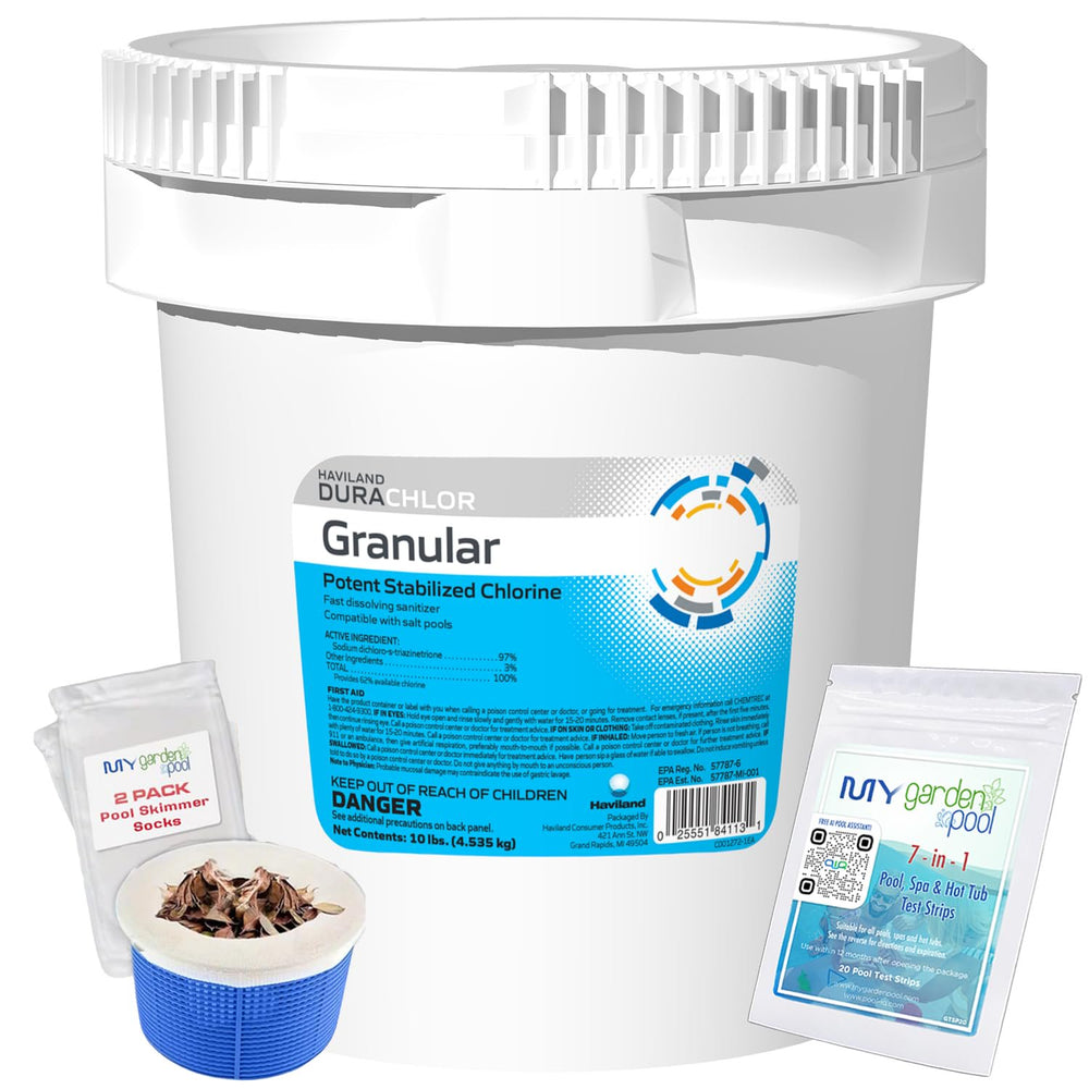 Haviland Durachlor Granular 10 lb with My Garden Pool Scum Socks, Test Strip & Pool-IQ AI Assistant