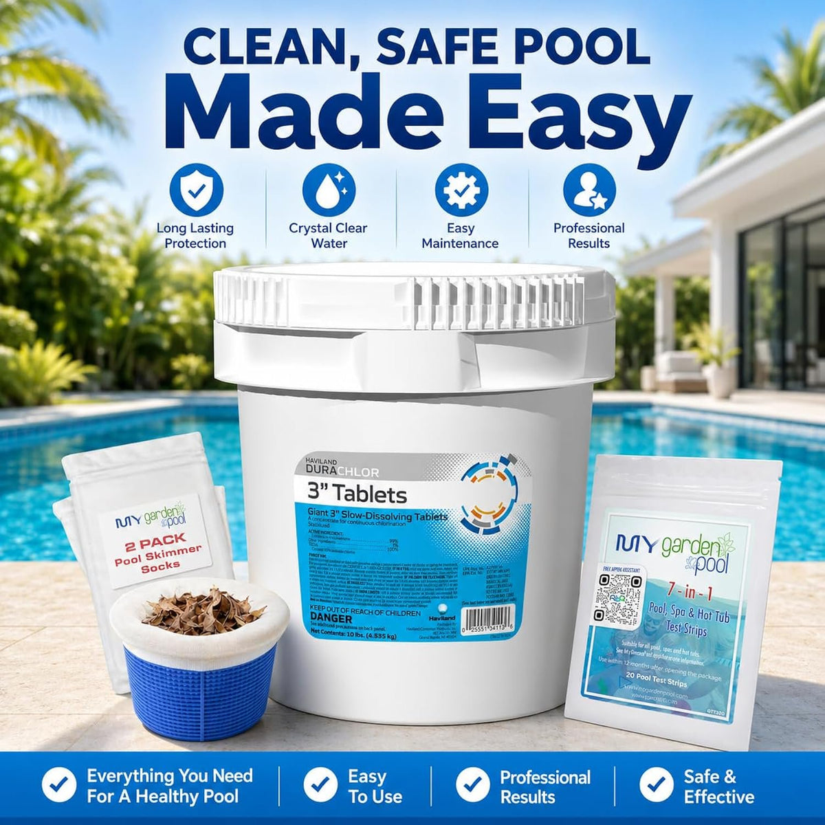 Haviland Durachlor 3 Inch Tabs 10 lb with My Garden Pool Scum Socks, Test Strip & Pool-IQ AI Assistant