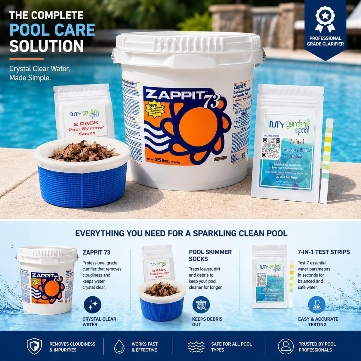 73% Cal-Hypo Dry Chlorinating Granules 50 LB Bucket – Bactericide, Algaecide, and Fast Dissolving Shock with My Garden Pool Skimmer Socks and 7-in-1 Test Strips. – Powerful Chlorine Shock