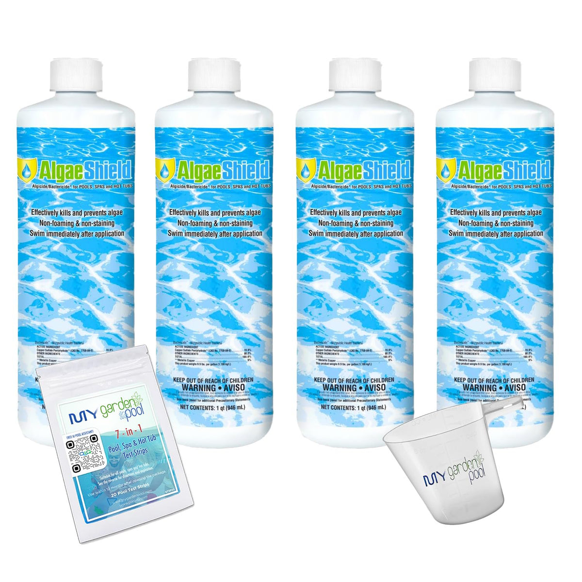 AlgaeShield Algaecide 32 FL OZ 12774 with My Garden Pool 7 in 1 Test Strips and Measuring Cup, 4 Pack