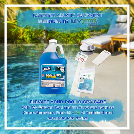 Splash Pool Antifreeze & Spa Antifreeze with My Garden Pool 7 in 1 Test Strips & 1.5" Threaded Pool Spa Return Line Winterizing Plug & Pool Filter Drain Plug & Seat Removal Tool - Winterizing!