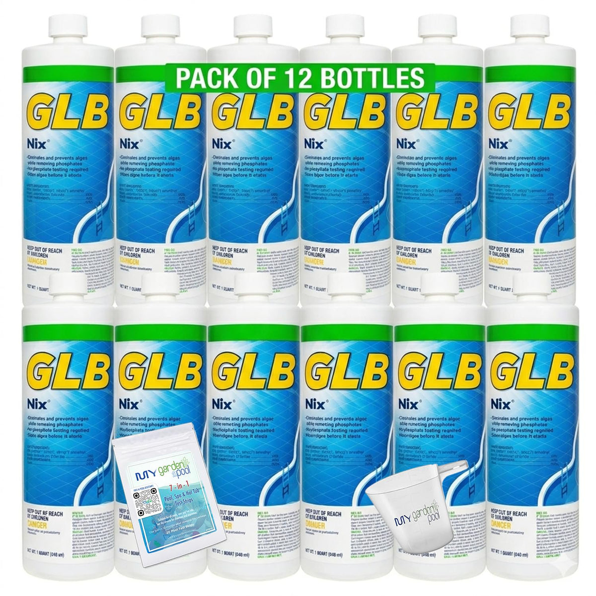 GLB NIX Algaecide 32 FL OZ 71221 with My Garden Pool 7 in 1 Test Strips and Measuring Cup, 12 Pack