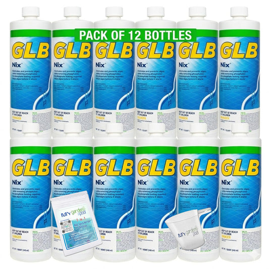 GLB NIX Algaecide 32 FL OZ 71221 with My Garden Pool 7 in 1 Test Strips and Measuring Cup, 12 Pack