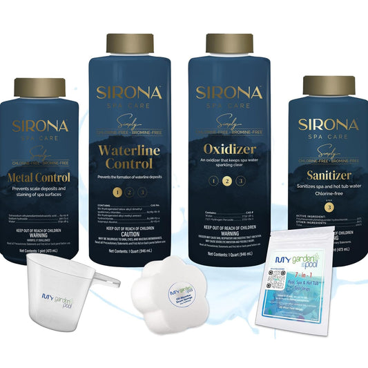 Sirona Simply Hot Tub Full Kit: Metal Control, Waterline, Oxidizer, Sanitizer with My Garden Pool Test Strips, Scum Sponge Flower Oil-Absorbing Sponge and Measure Cup for Hot Tubs and Pools
