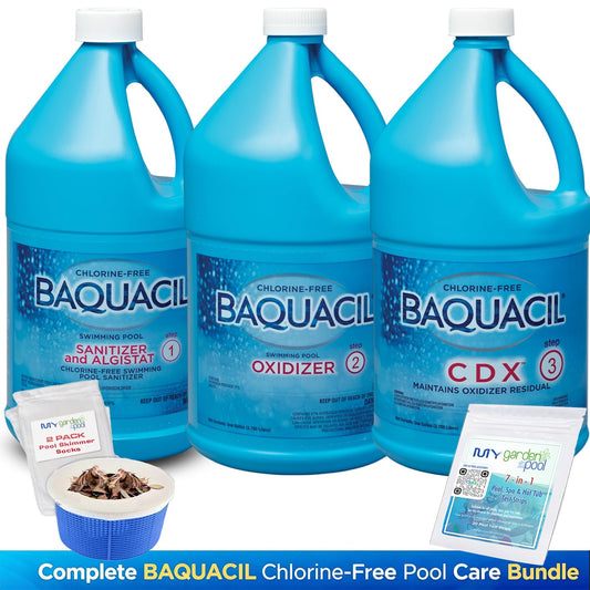 BAQUACIL Chlorine-Free Pool Care System 3-Step Bundle – Sanitizer & Algistat 0.5 Gal, Oxidizer 1 Gal, CDX 1 Gal with My Garden Pool 7-in-1 Test Strips, Skimmer Socks & Pool-IQ AI Support