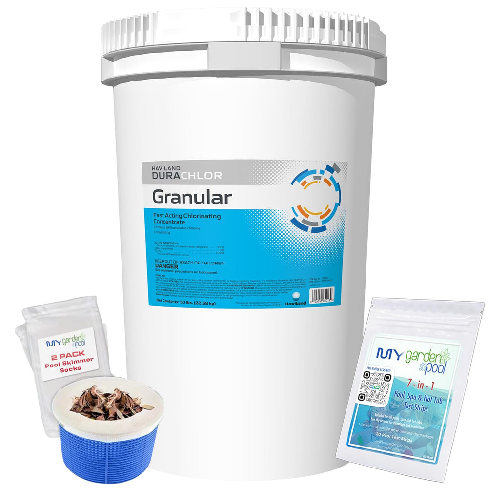 Haviland Durachlor Granular 50 lb with My Garden Pool Scum Socks, Test Strip & Pool-IQ AI Assistant