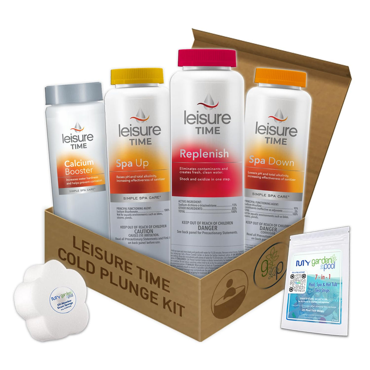 Leisure Time Cold Plunge Kit – Spa Up, Spa Down, Replenish, Calcium Booster (All 2 lb) – with My Garden Pool Scum Sponge & 7-in-1 Pool & Spa Test Strips (20 ct) – Water Balance for Cold Plunge Tubs
