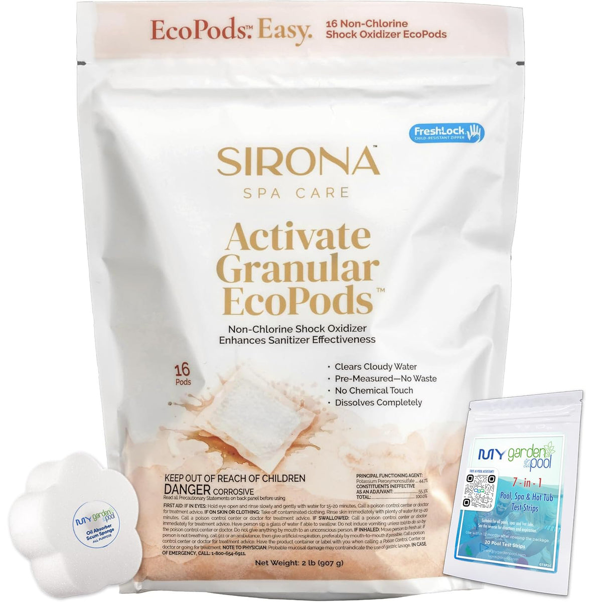 Sirona Activate Granular EcoPods, 16-Count – Complete Spa Care Kit with My Garden Pool 7-in-1 Test Strips (20 ct) & Scum Sponge for Hot Tubs