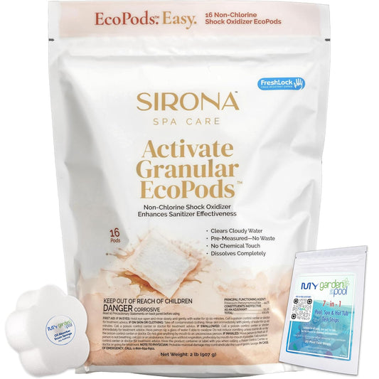 Sirona Activate Granular EcoPods, 16-Count – Complete Spa Care Kit with My Garden Pool 7-in-1 Test Strips (20 ct) & Scum Sponge for Hot Tubs