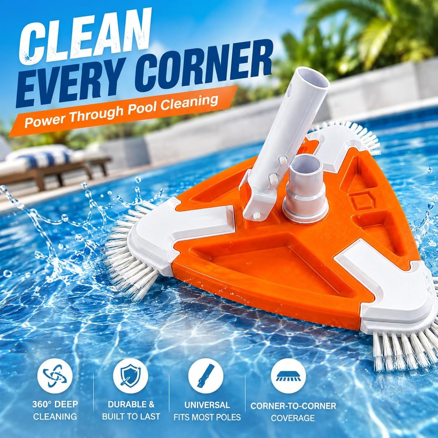 My Garden Pool Triangular Pool Vacuum Head with Corner Brushes, Swimming Pool Cleaner for Floors, Walls & Corners, Compatible with Standard Pool Poles & Vacuum Hoses, Made in USA