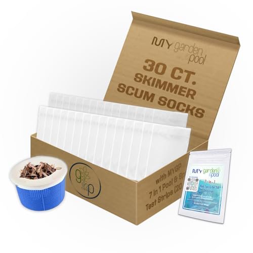 My Garden Pool Skimmer Socks 30 ct – Ultra-Fine Mesh Pool Filter Savers – Universal Fit for Most Skimmer Baskets – Includes 20 ct 7-in-1 Water Test Strips for Pools & Spas