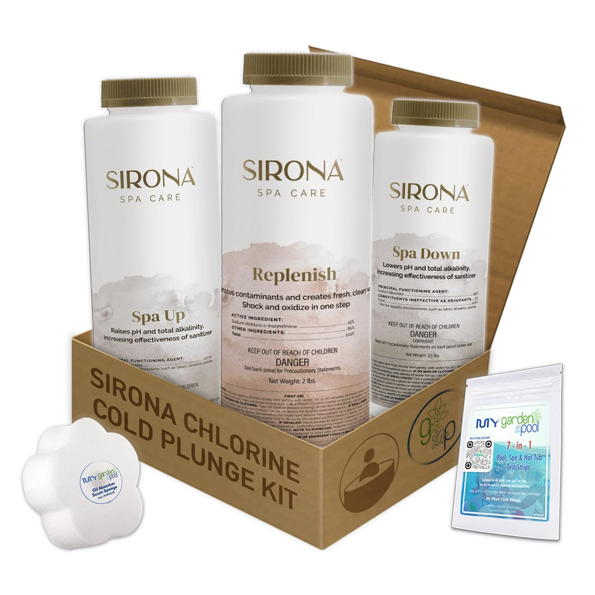 Sirona Chlorine Cold Plunge Kit – Spa Up, Spa Down, Replenish (Balancers & Oxidizer) – with My Garden Pool Scum Sponge & 7-in-1 Pool & Spa Test Strips (20 ct) – Water Balance for Cold Plunge Tubs