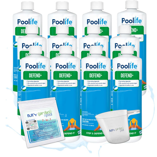 Poolife Defend+ 32 fl oz – 3-in-1 Pool Algae Protection – Clarifier + Preventative Shield – Includes Easy Measuring Cup, 7-in-1 Test Strips and Pool IQ - AI 12 Pack