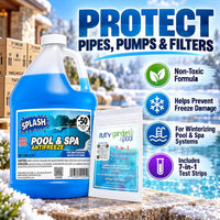 Splash Pool & Spa Antifreeze -50°F, 210 PACK - 35 CASES, Winter Protection for Pools & Spas - NEW DESIGN - with My Garden Pool 7-in-1 Pool & Spa Test Strips (20 ct.)