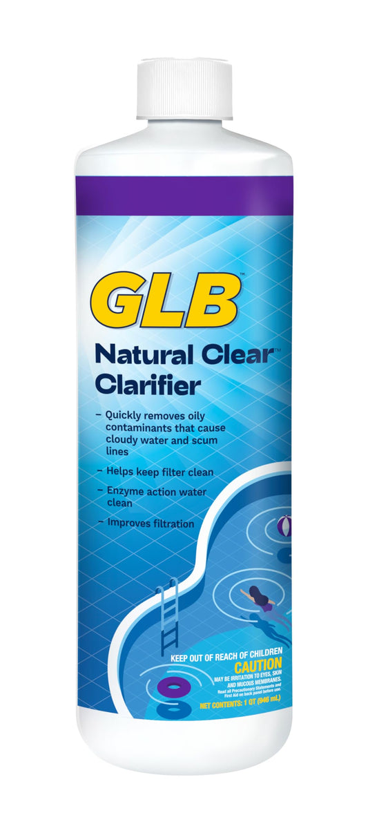 GLB Natural Clear 32oz (71410A) Pool Clarifier with My Garden Pool 7-in-1 Test Strips & Measuring Cup, 12-Pack