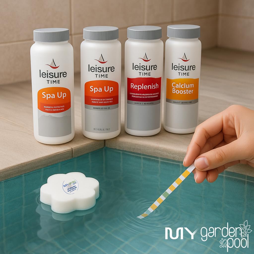 Leisure Time Cold Plunge Kit – Spa Up, Spa Down, Replenish, Calcium Booster (All 2 lb) – with My Garden Pool Scum Sponge & 7-in-1 Pool & Spa Test Strips (20 ct) – Water Balance for Cold Plunge Tubs